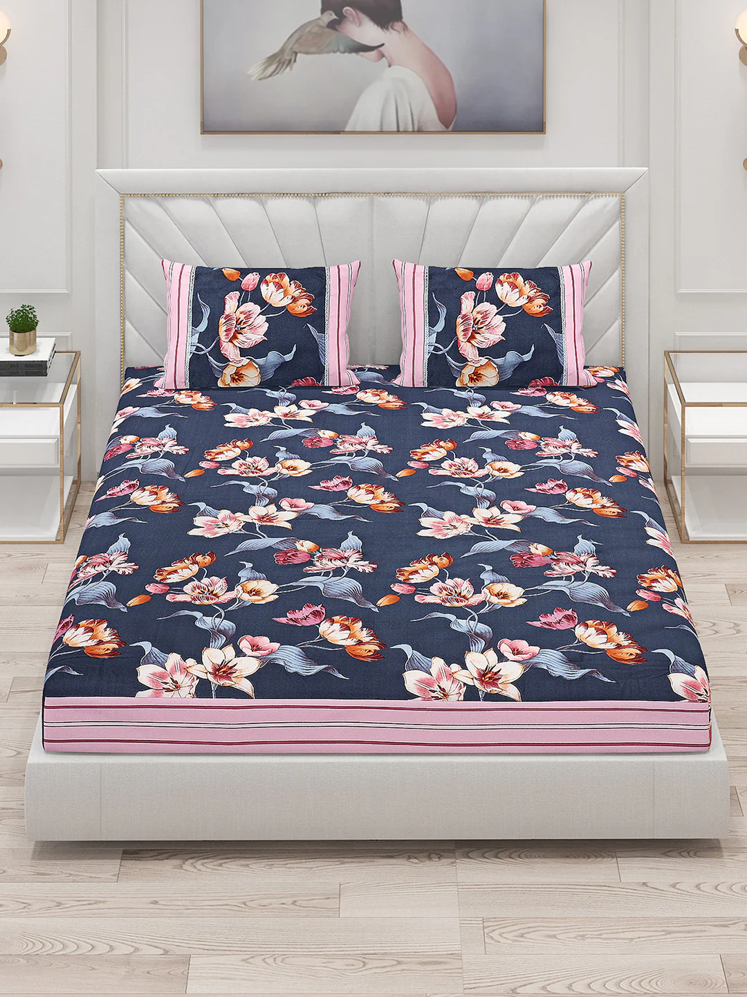 130 GSM Polyester Double Bed Bedsheet with 2 Pillow Covers - Image 2