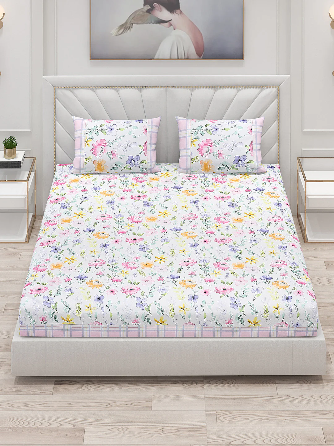 130 GSM Polyester Double Bed Bedsheet with 2 Pillow Covers - Image 2