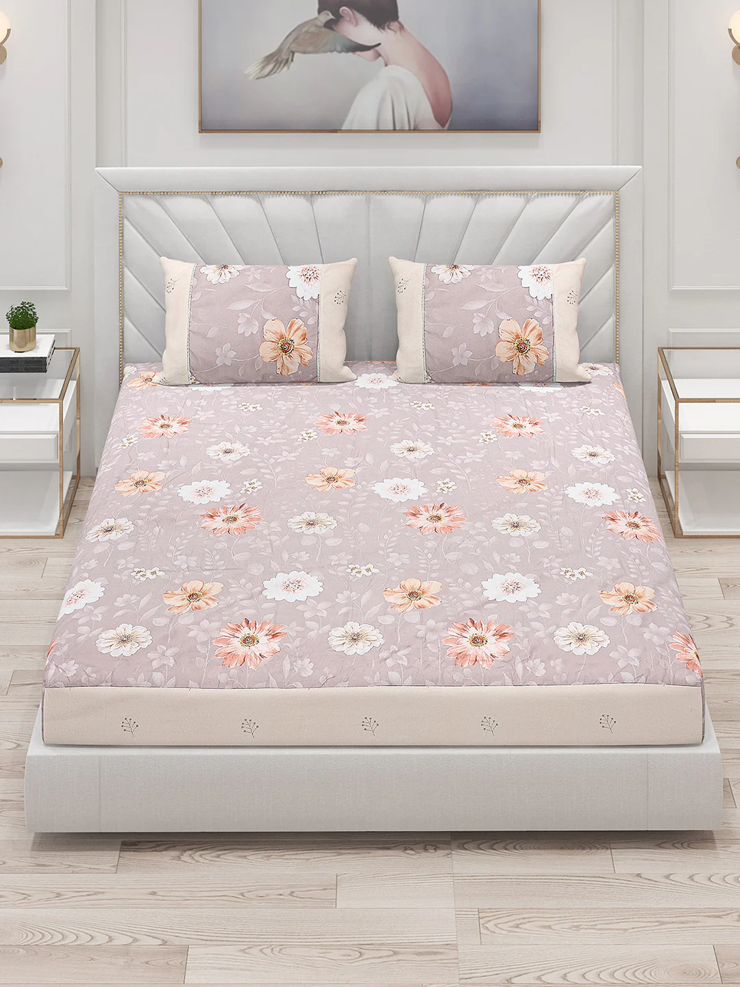 130 GSM Polyester Double Bed Bedsheet with 2 Pillow Covers - Image 2