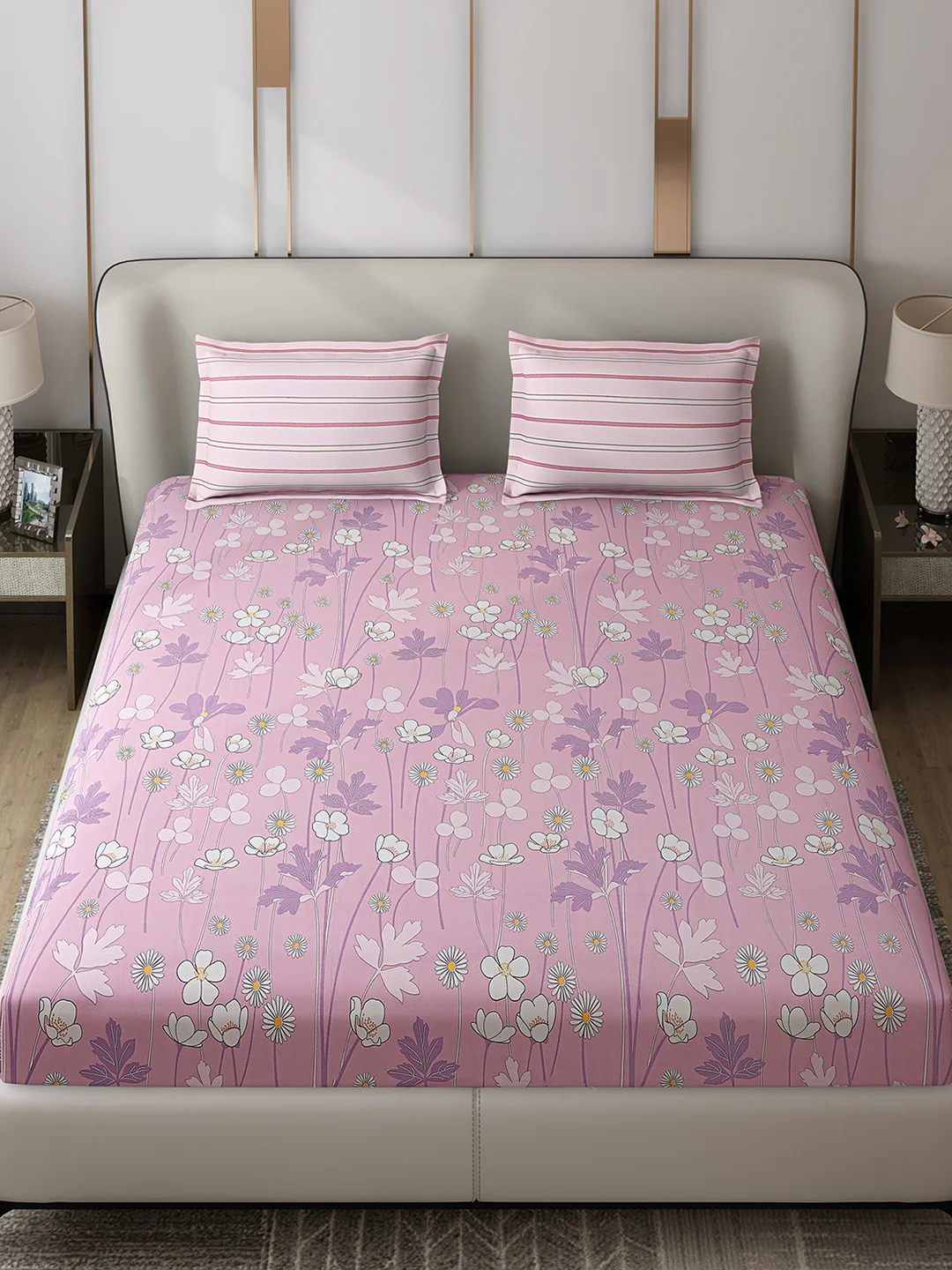 130 GSM Polyester Double Bed 1 Bedsheet with 2 Pillow Covers (Edmond) - Image 2