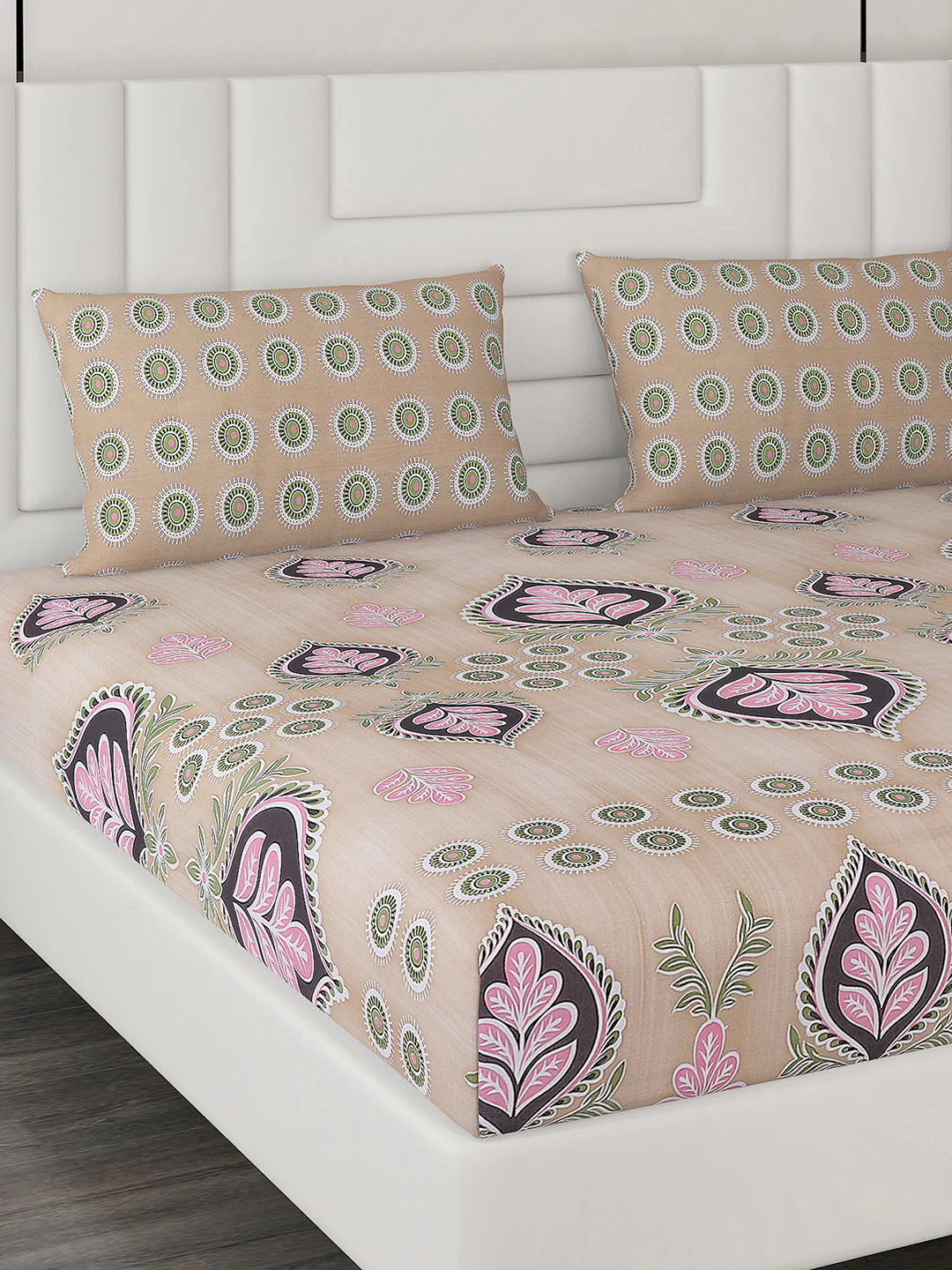144 TC Beige Cotton Double Bedsheet with 2 Pillow Covers - Image 4