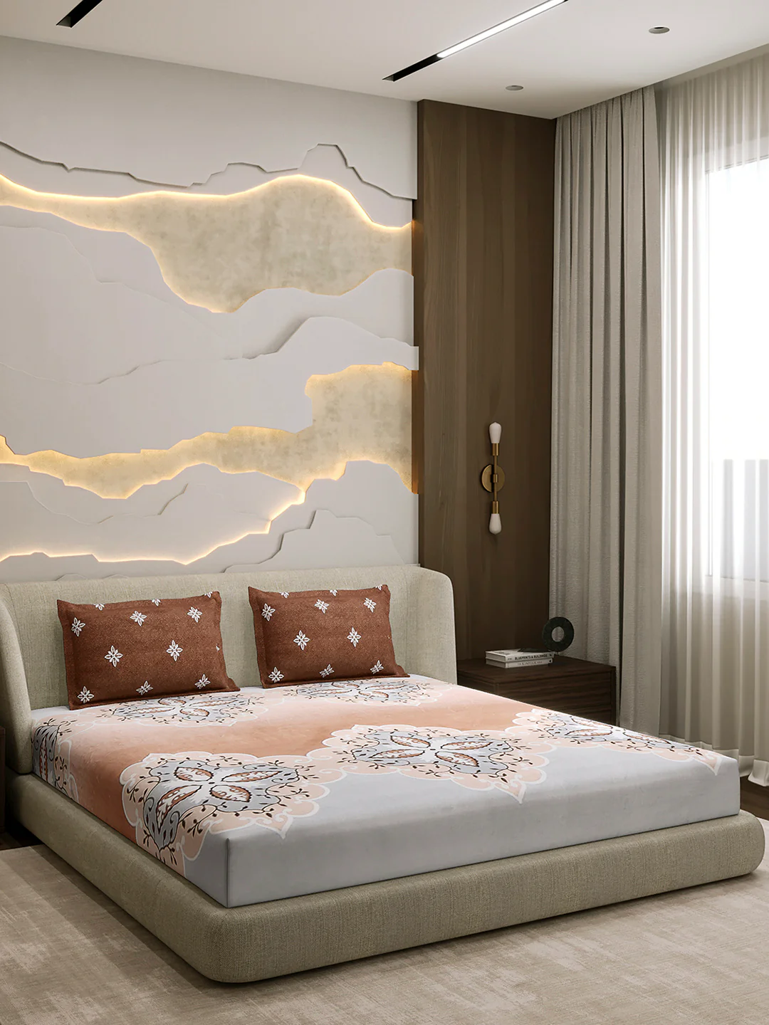 144 TC Cotton Double Bed 1 Fitted Bedsheet with 2 Pillow Cover (Solstice) - Image 4