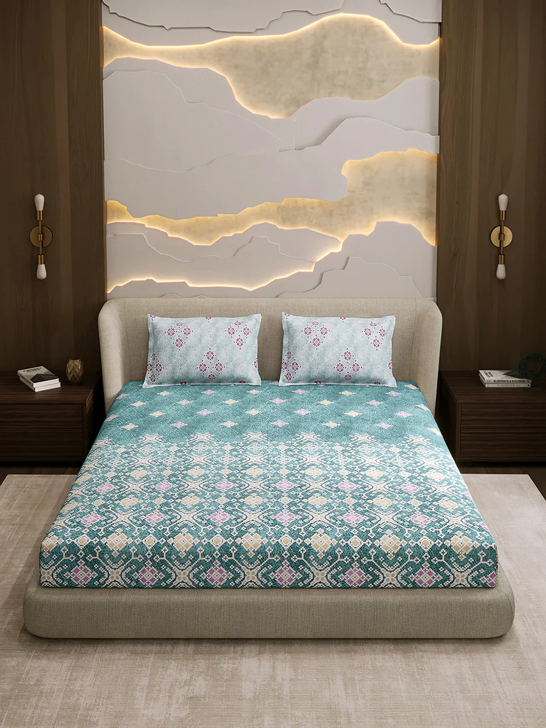 144 TC Cotton Double Bed 1 Fitted Bedsheet with 2 Pillow Cover (Solstice) - Image 2