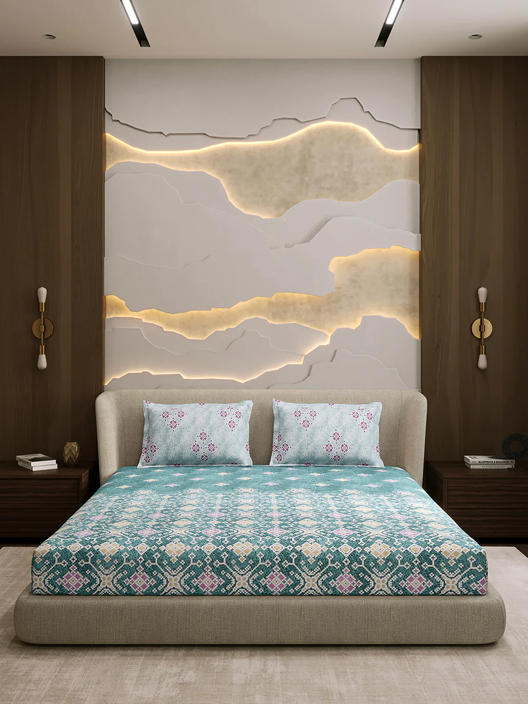 144 TC Cotton Double Bed 1 Fitted Bedsheet with 2 Pillow Cover (Solstice) - Image 3