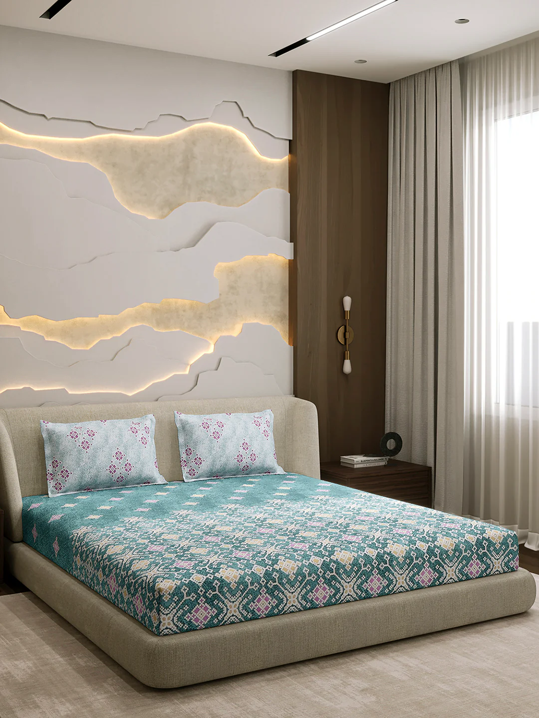 144 TC Cotton Double Bed 1 Fitted Bedsheet with 2 Pillow Cover (Solstice) - Image 4