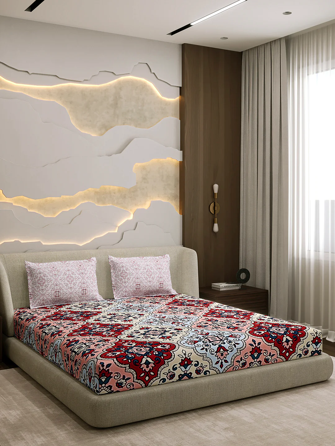 144 TC Cotton Double Bed 1 Fitted Bedsheet with 2 Pillow Cover (Solstice) - Image 4