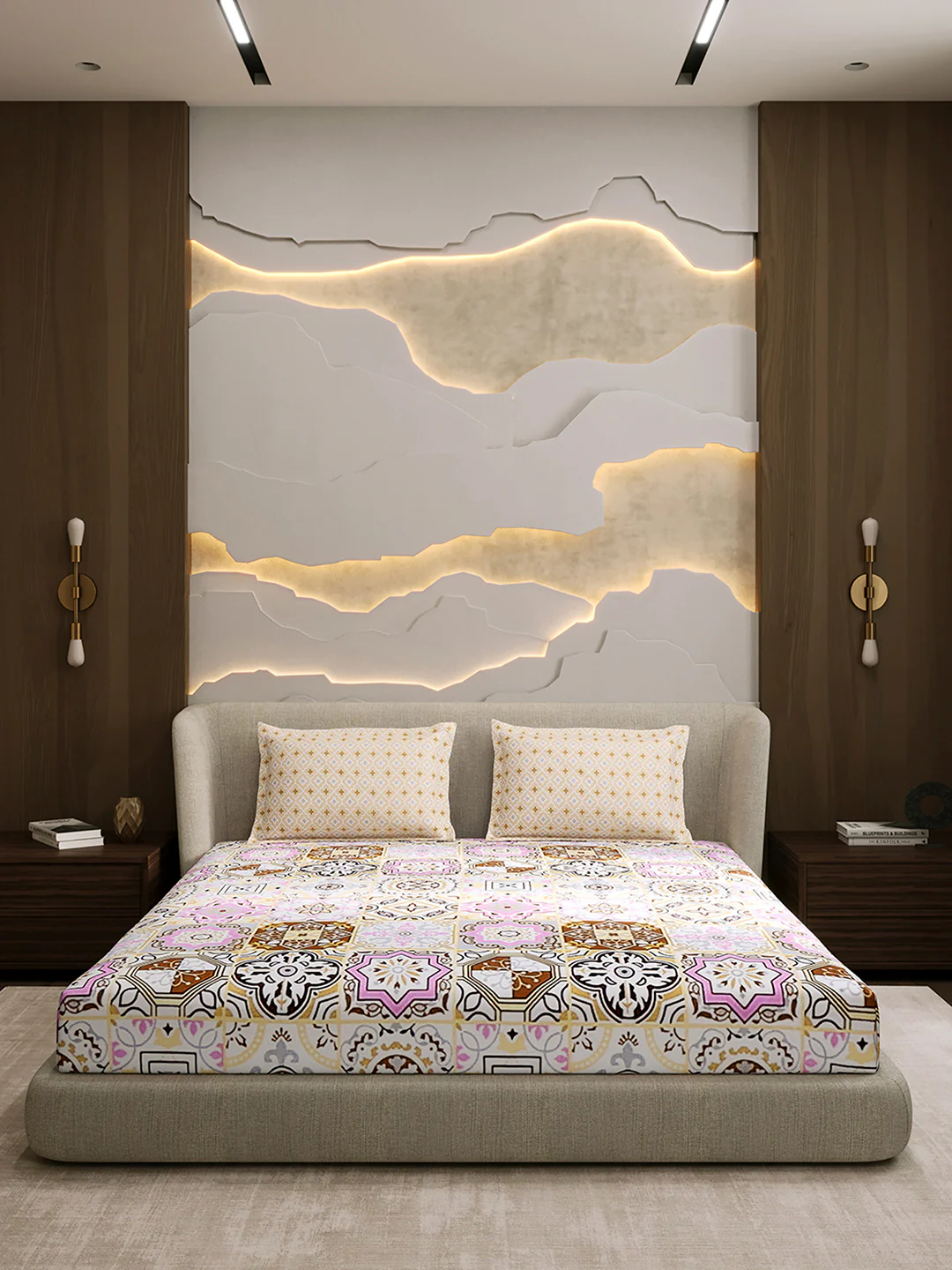 144 TC Cotton Double Bed 1 Fitted Bedsheet with 2 Pillow Cover (Solstice) - Image 3