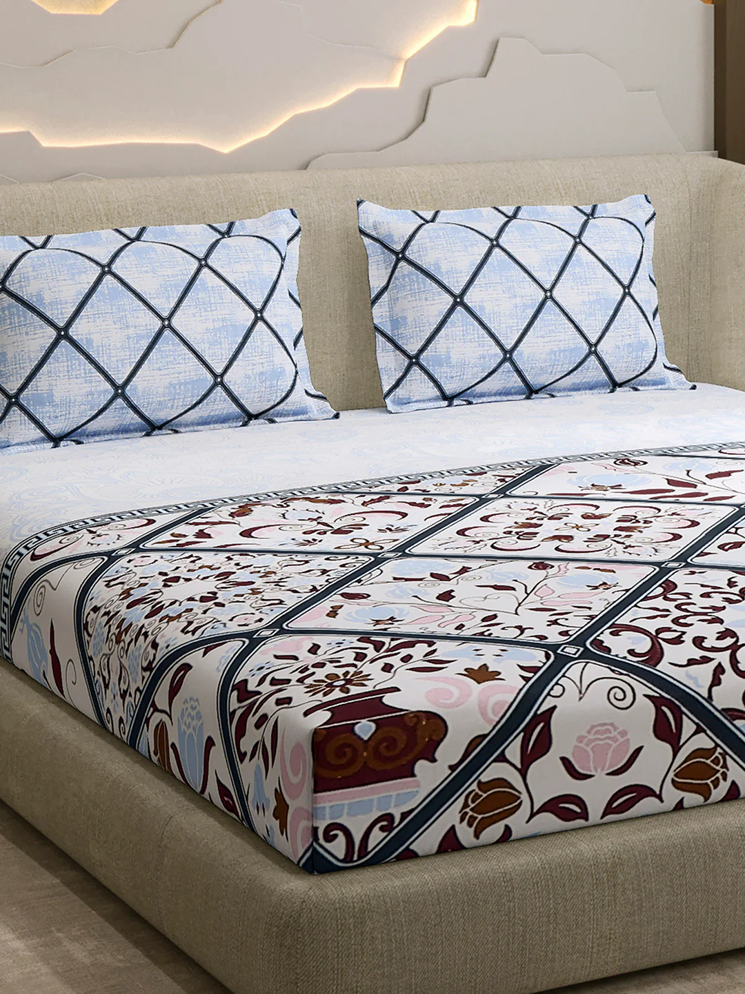 144 TC Cotton Double Bed 1 Fitted Bedsheet with 2 Pillow Cover (Solstice)