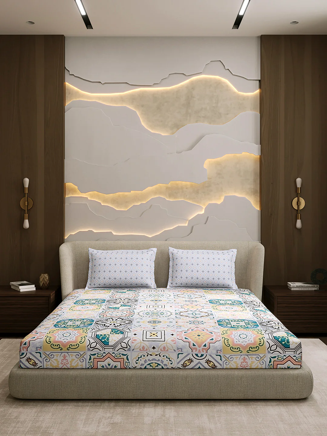 144 TC Cotton Double Bed 1 Fitted Bedsheet with 2 Pillow Cover (Solstice) - Image 3