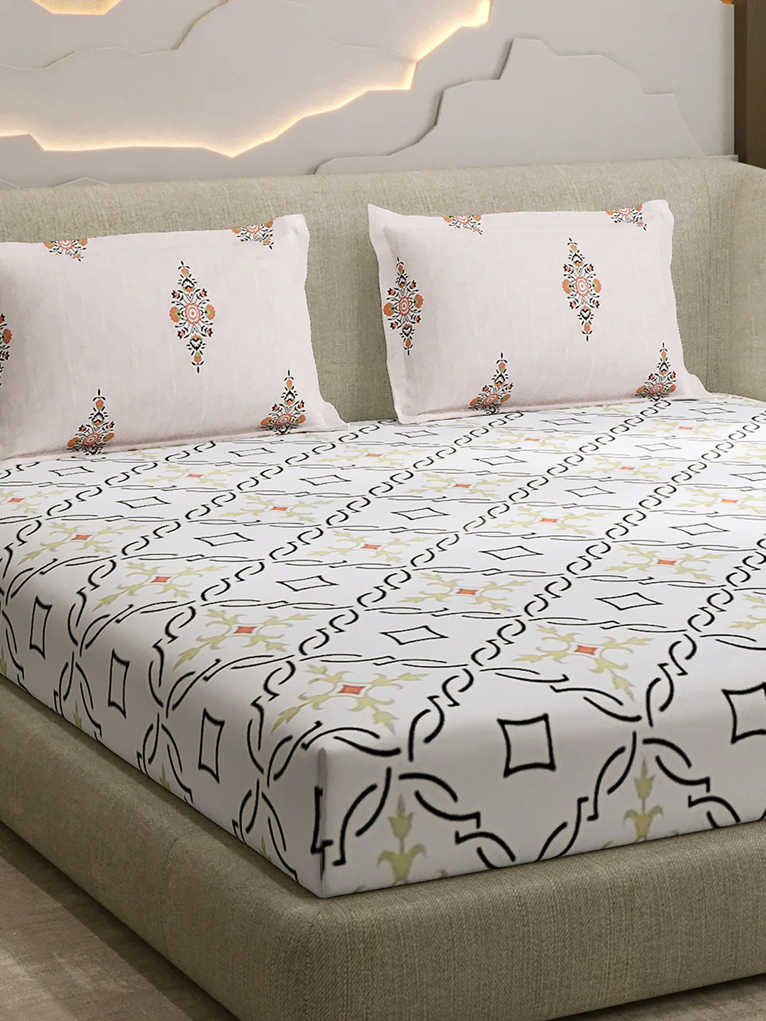 144 TC Cotton Double Bed 1 Fitted Bedsheet with 2 Pillow Cover (Solstice)