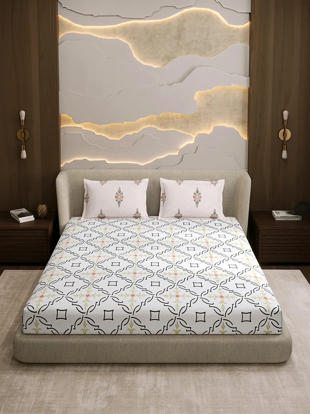 144 TC Cotton Double Bed 1 Fitted Bedsheet with 2 Pillow Cover (Solstice) - Image 2