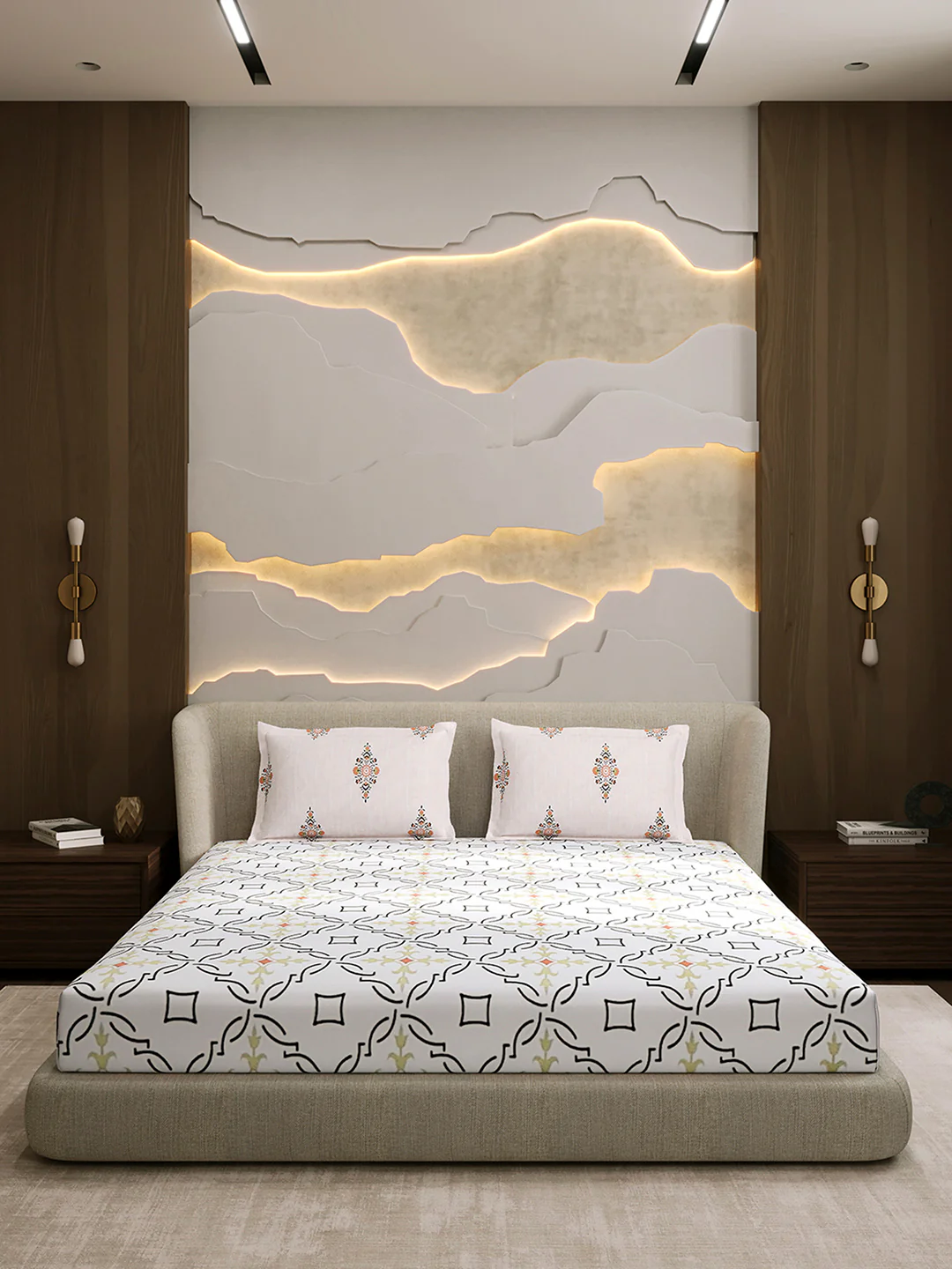 144 TC Cotton Double Bed 1 Fitted Bedsheet with 2 Pillow Cover (Solstice) - Image 3