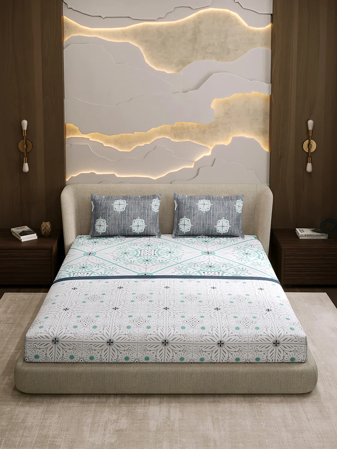 144 TC Cotton Double Bed 1 Fitted Bedsheet with 2 Pillow Cover (Solstice) - Image 2