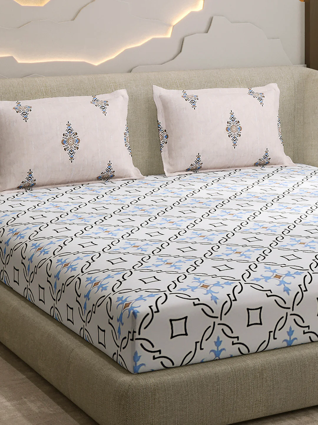 144 TC Cotton Double Bed 1 Fitted Bedsheet with 2 Pillow Cover (Solstice)