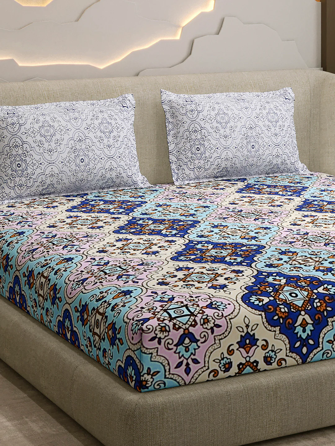 144 TC Cotton Double Bed 1 Fitted Bedsheet with 2 Pillow Cover (Solstice)