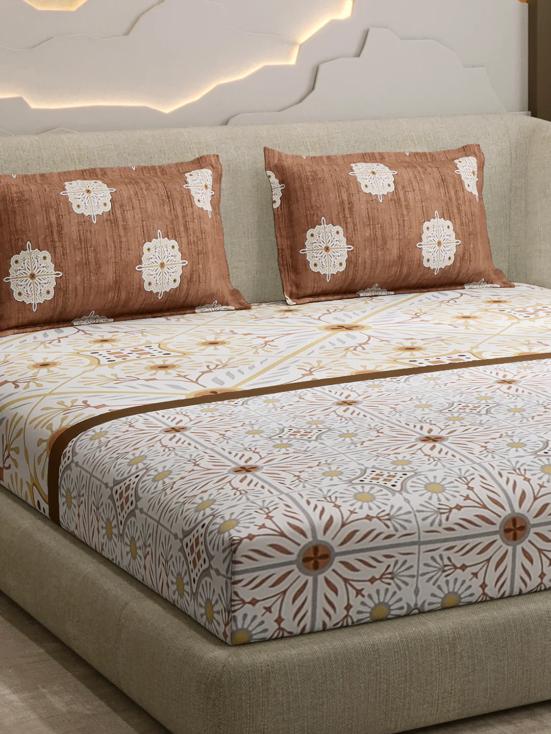 144 TC Cotton Double Bed 1 Fitted Bedsheet with 2 Pillow Cover (Solstice)