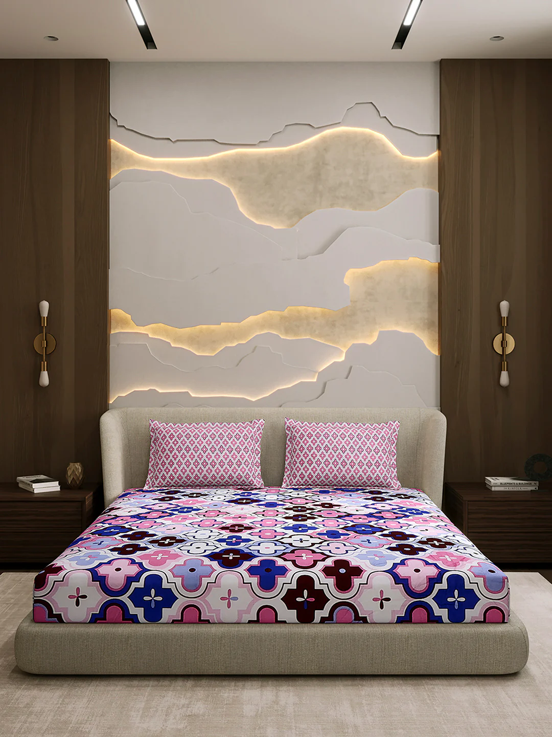 144 TC Cotton Double Bed 1 Fitted Bedsheet with 2 Pillow Cover (Solstice) - Image 3