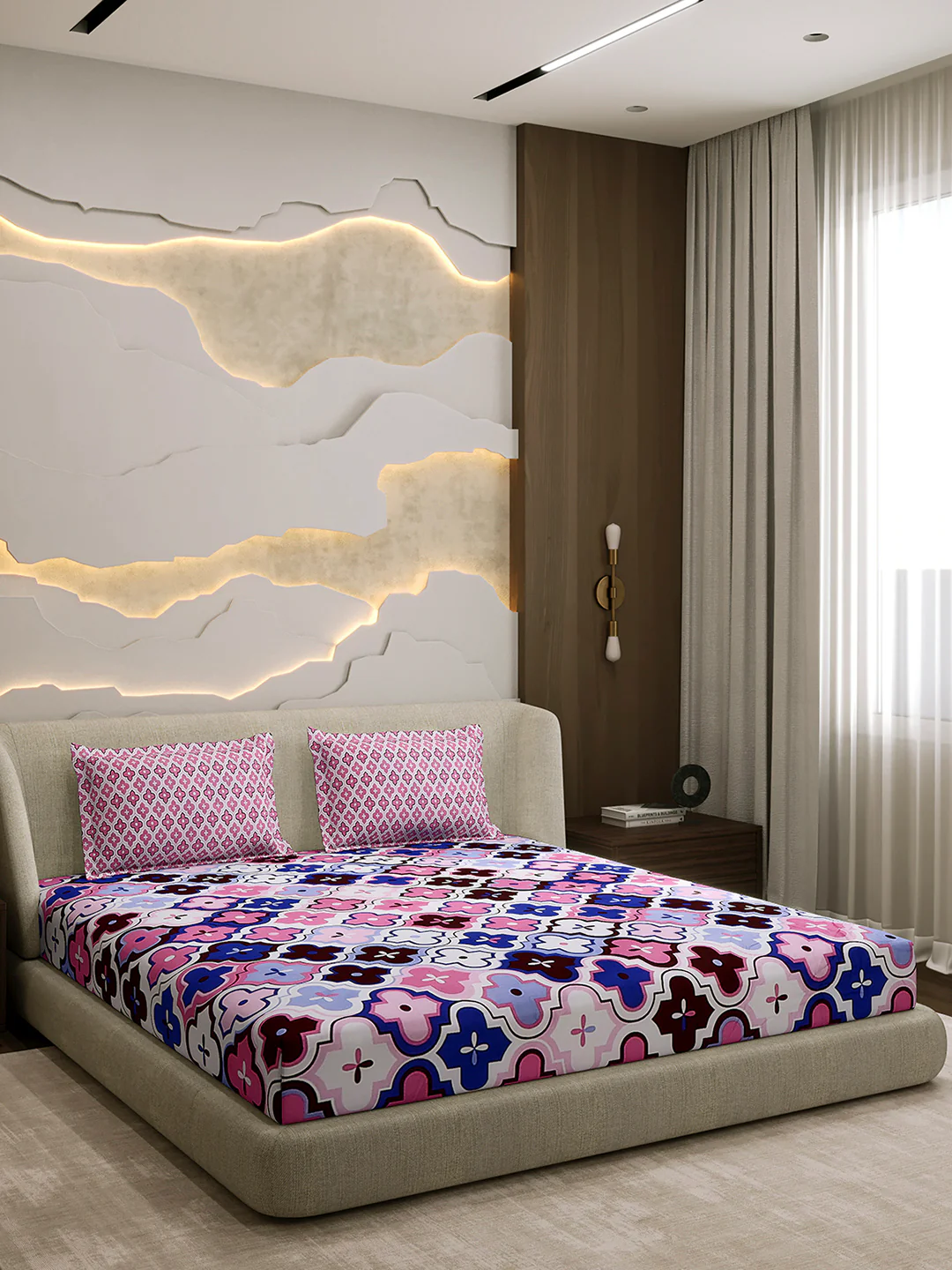 144 TC Cotton Double Bed 1 Fitted Bedsheet with 2 Pillow Cover (Solstice) - Image 4