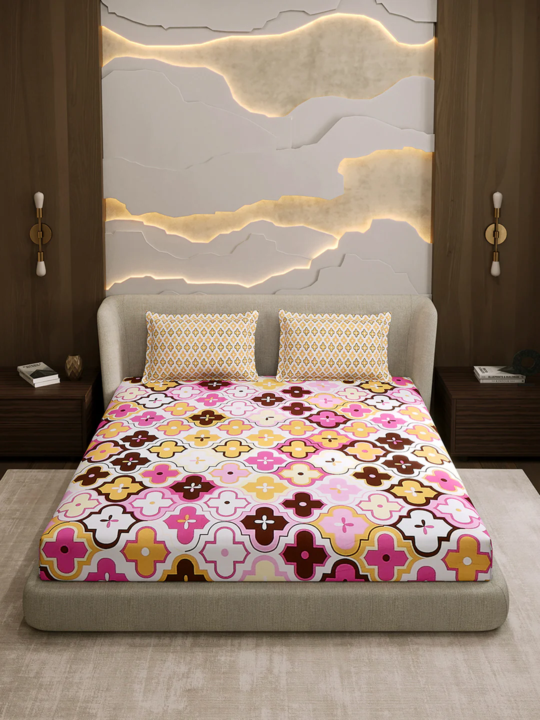144 TC Cotton Double Bed 1 Fitted Bedsheet with 2 Pillow Cover (Solstice) - Image 2