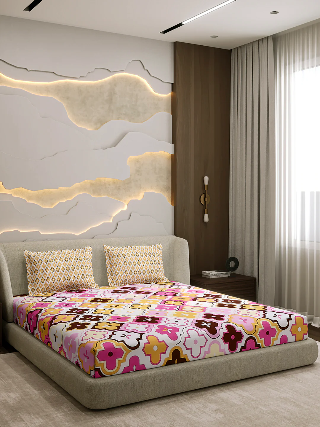 144 TC Cotton Double Bed 1 Fitted Bedsheet with 2 Pillow Cover (Solstice) - Image 4