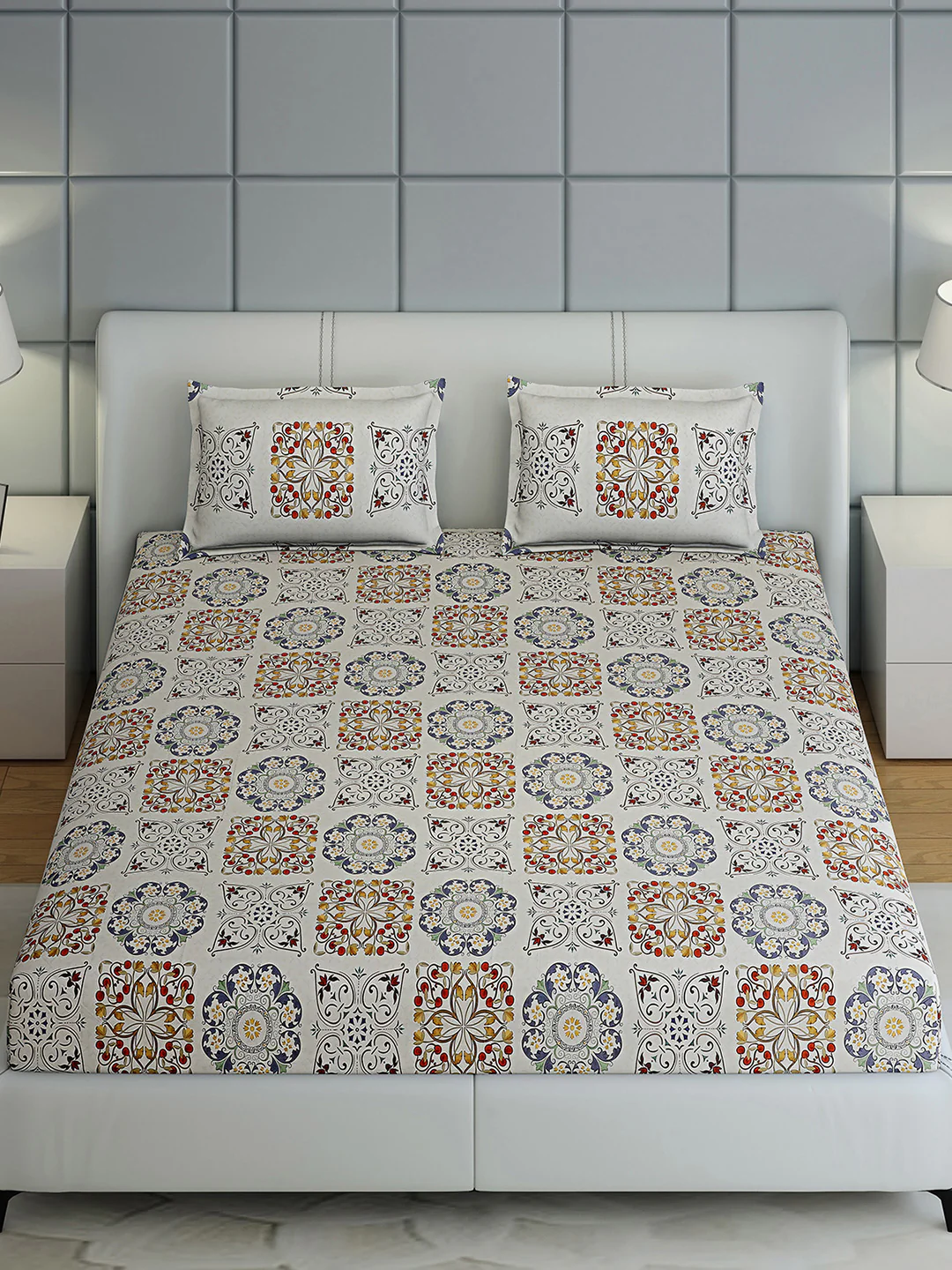 300 TC Cotton Double Bed 1 Bedsheet with 2 Pillow Covers (Morocan) - Image 3