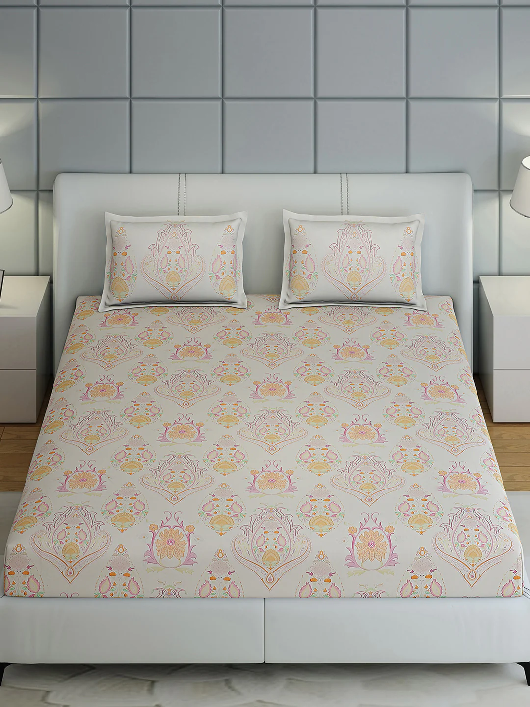 300 TC Cotton Double Bed 1 Bedsheet with 2 Pillow Covers (Morocan) - Image 3