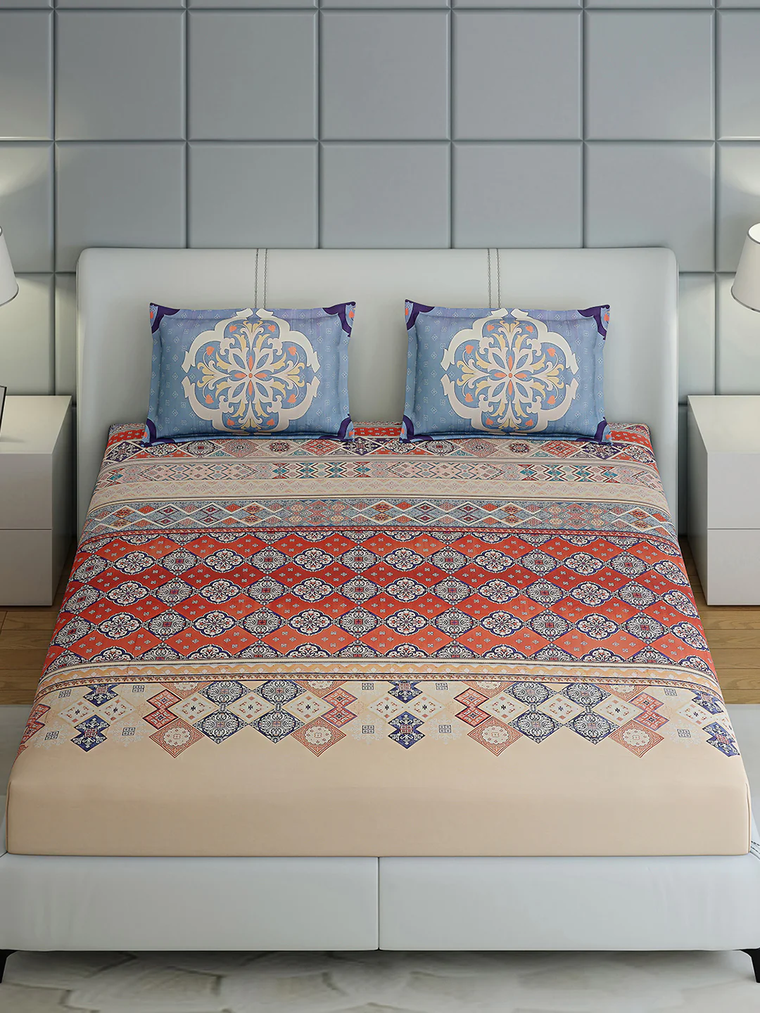 300 TC Cotton Double Bed 1 Bedsheet with 2 Pillow Covers (Morocan) - Image 3
