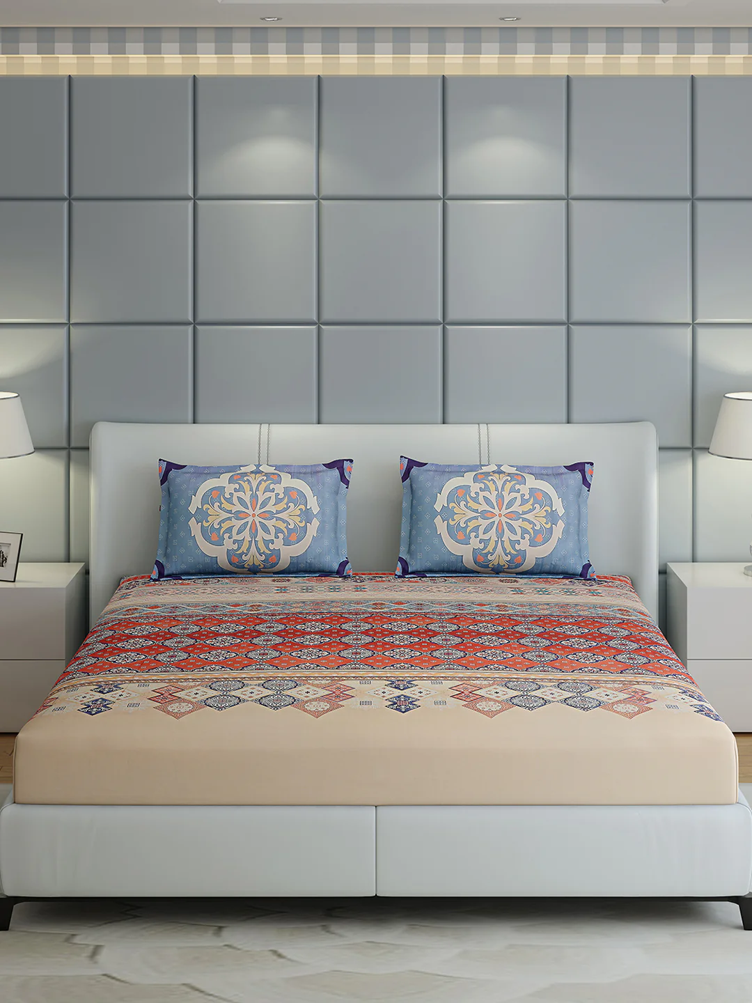 300 TC Cotton Double Bed 1 Bedsheet with 2 Pillow Covers (Morocan) - Image 4
