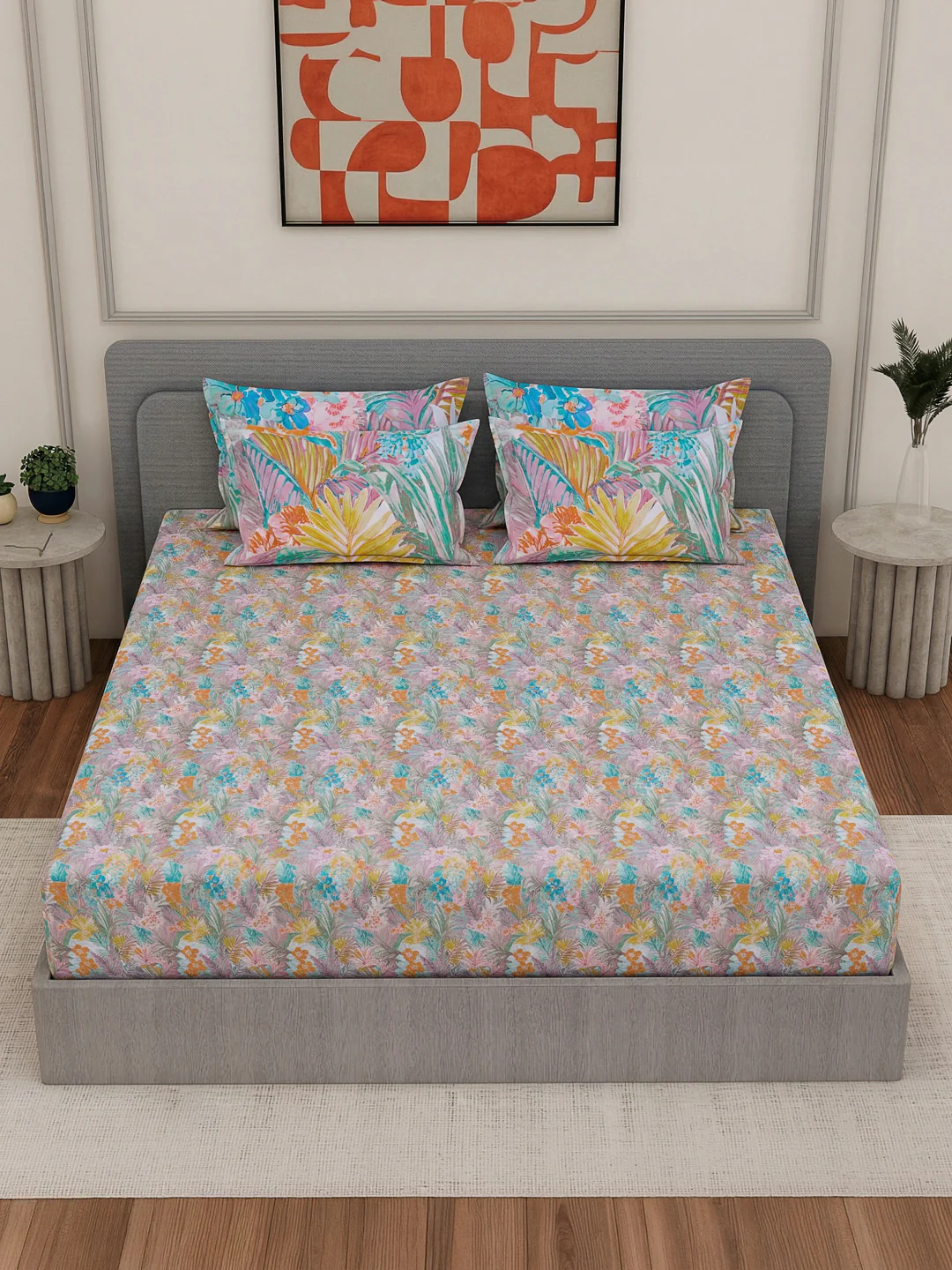 Luxury 300 TC Pure Cotton King Size Bedsheet with 4 Pillow Covers Brush & Bloom Collection - Image 4