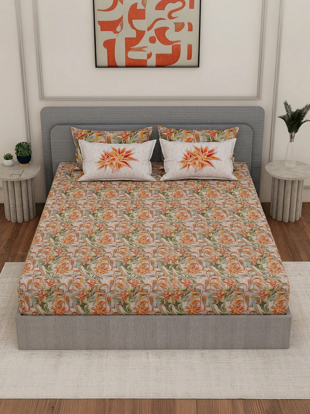 Luxury 300 TC Pure Cotton King Size Bedsheet with 4 Pillow Covers Brush & Bloom Collection - Image 4