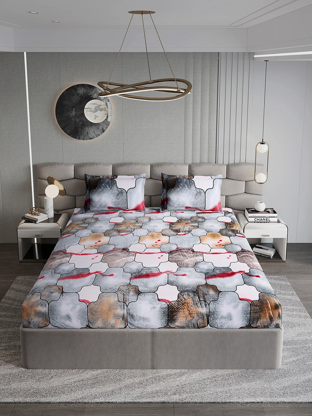 374 GSM Polyester Double Bed 1 Bedsheet with 2 Pillow Cover (Impression) - Image 3