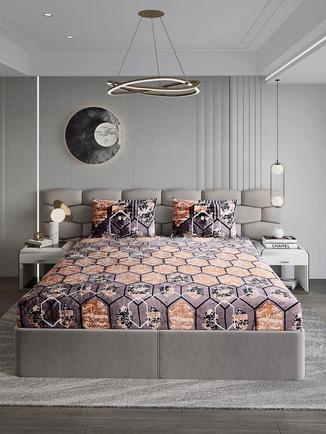 374 GSM Polyester Double Bed 1 Bedsheet with 2 Pillow Cover (Impression) - Image 2
