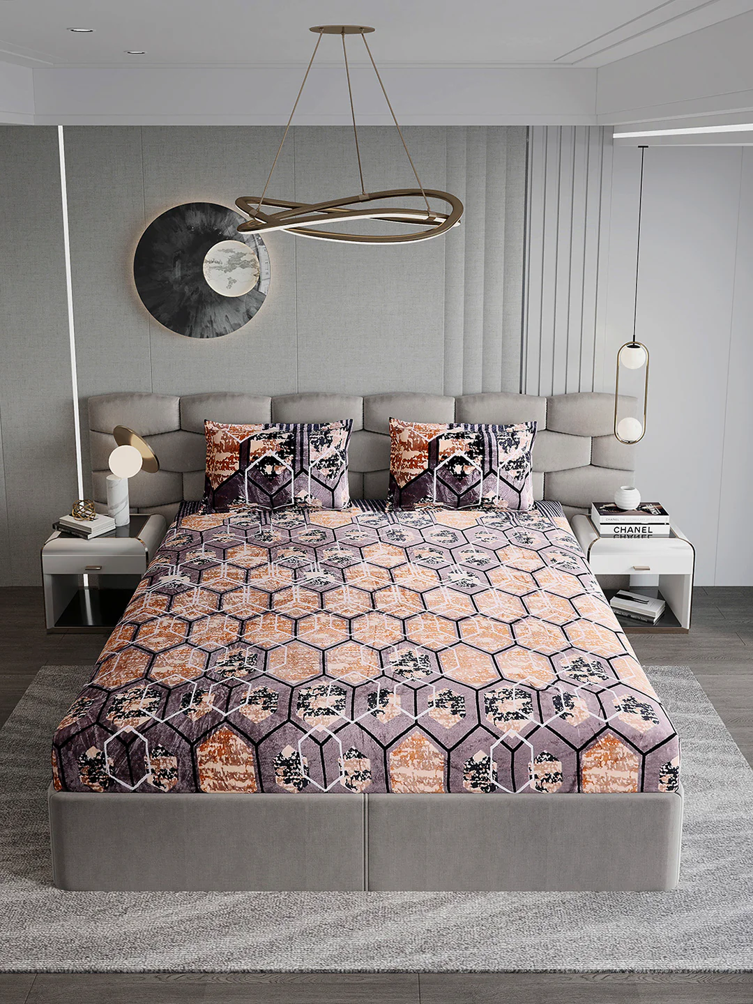 374 GSM Polyester Double Bed 1 Bedsheet with 2 Pillow Cover (Impression) - Image 3