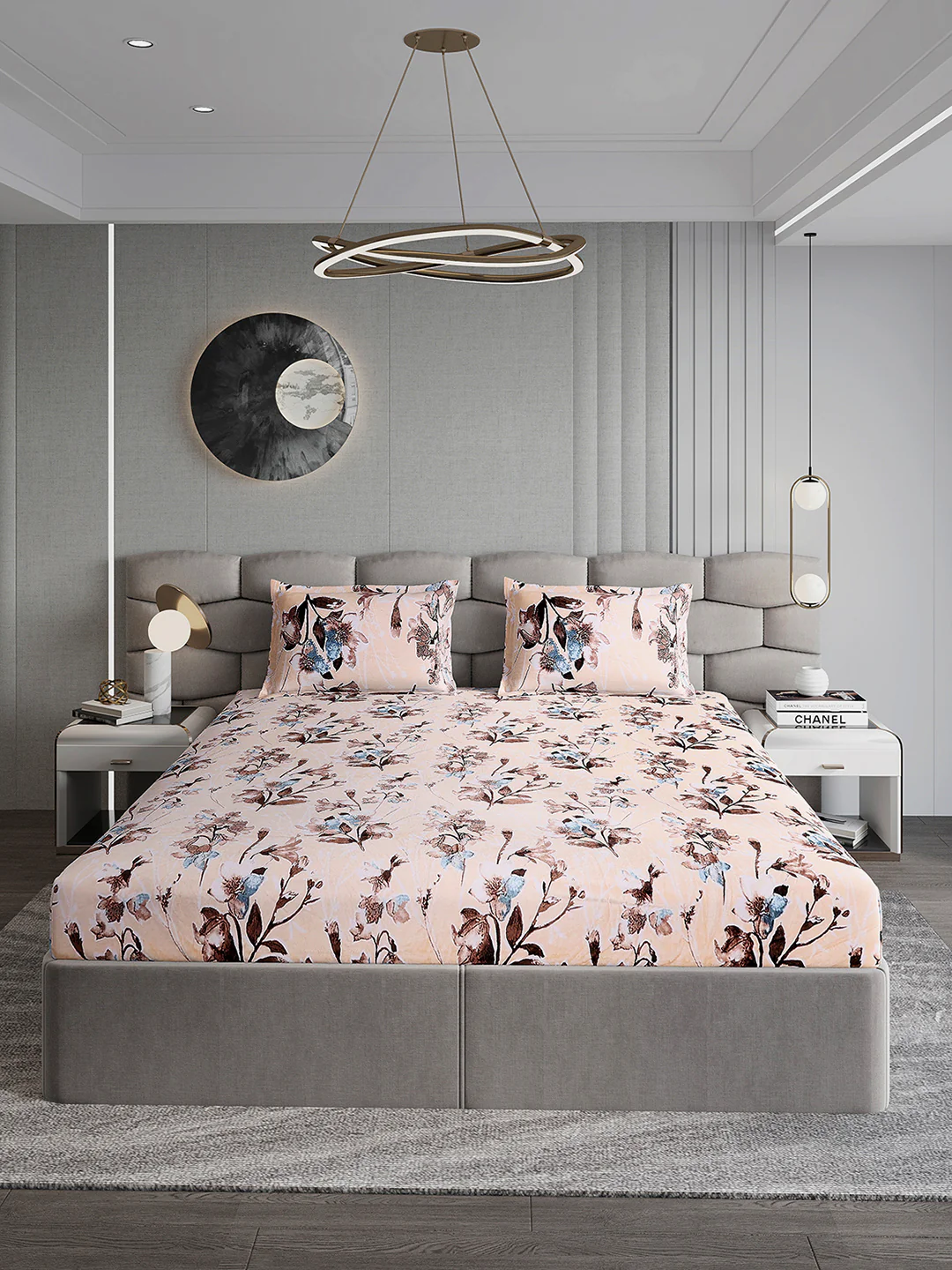 374 GSM Polyester Double Bed 1 Bedsheet with 2 Pillow Cover (Impression) - Image 2