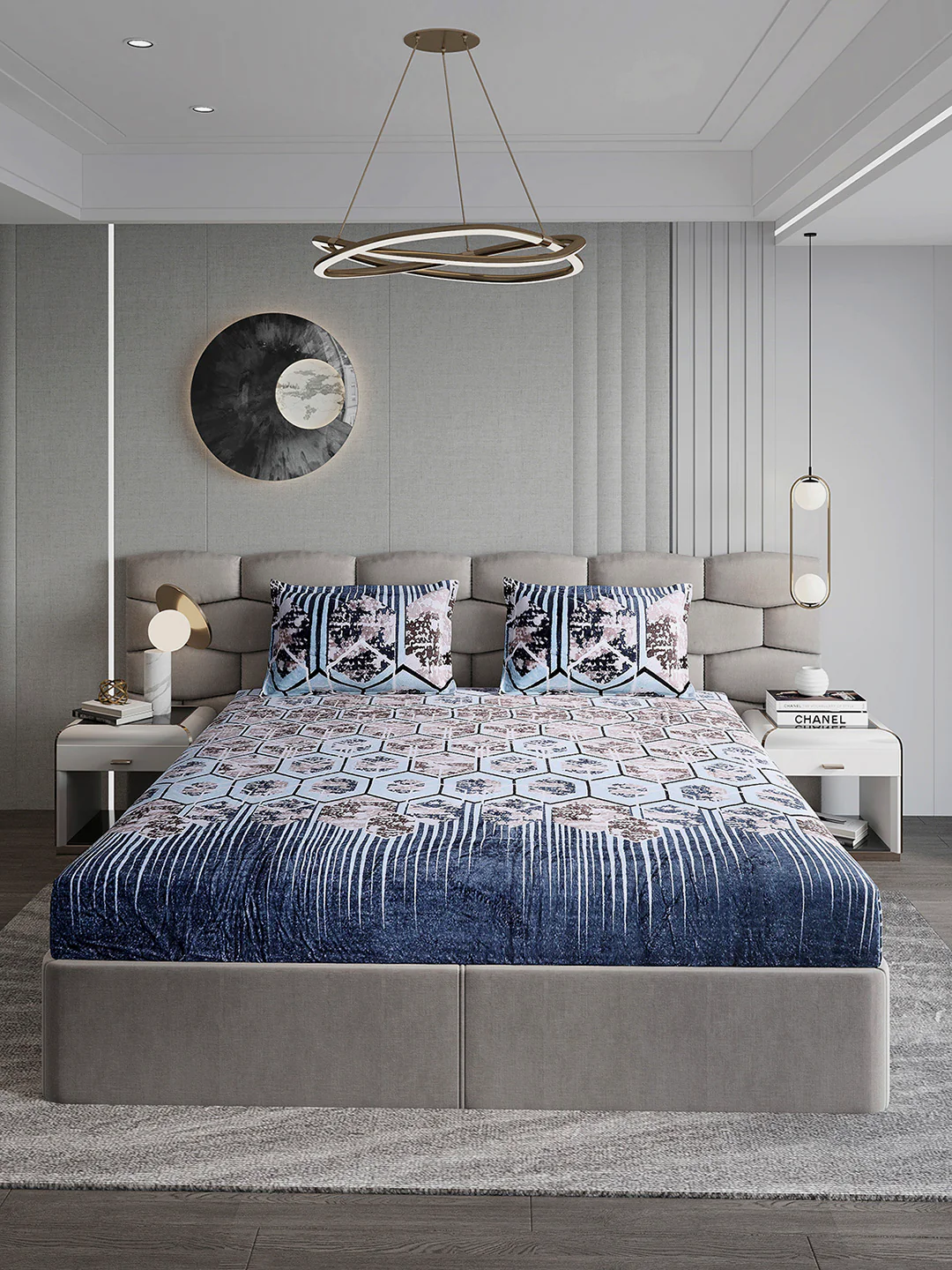 374 GSM Polyester Double Bed 1 Bedsheet with 2 Pillow Cover (Impression) - Image 2