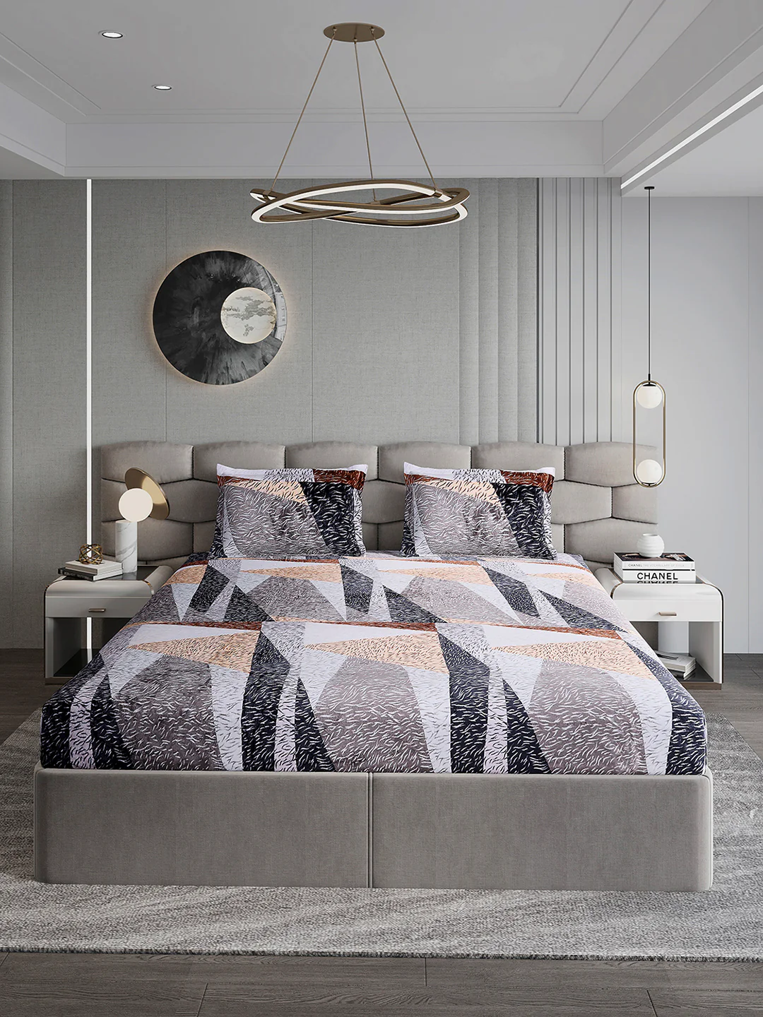 374 GSM Polyester Double Bed 1 Bedsheet with 2 Pillow Cover (Impression) - Image 2