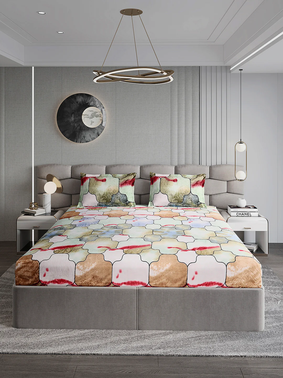 374 GSM Polyester Double Bed 1 Bedsheet with 2 Pillow Cover (Impression) - Image 2
