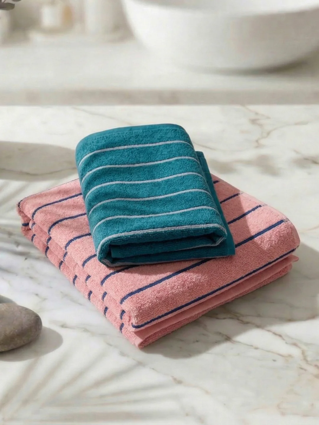 Blue & Dusty Pink 100% Cotton Solid 480 GSM Bath Towel King & Queen 2 Pc Set Gifting Box Pack - Image 2