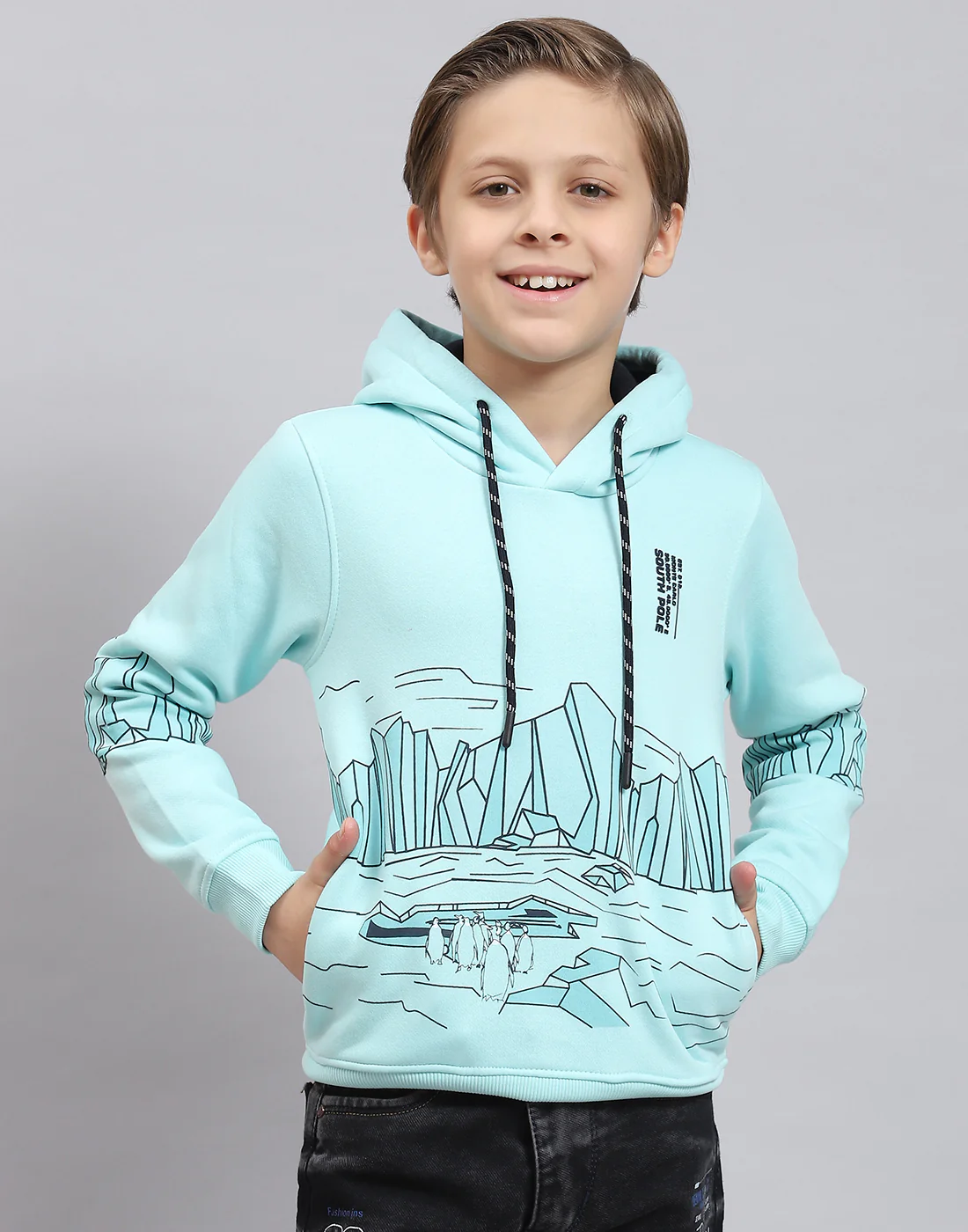 Boys Aqua Blue Printed Hooded Full Sleeve Sweatshirt - Image 2