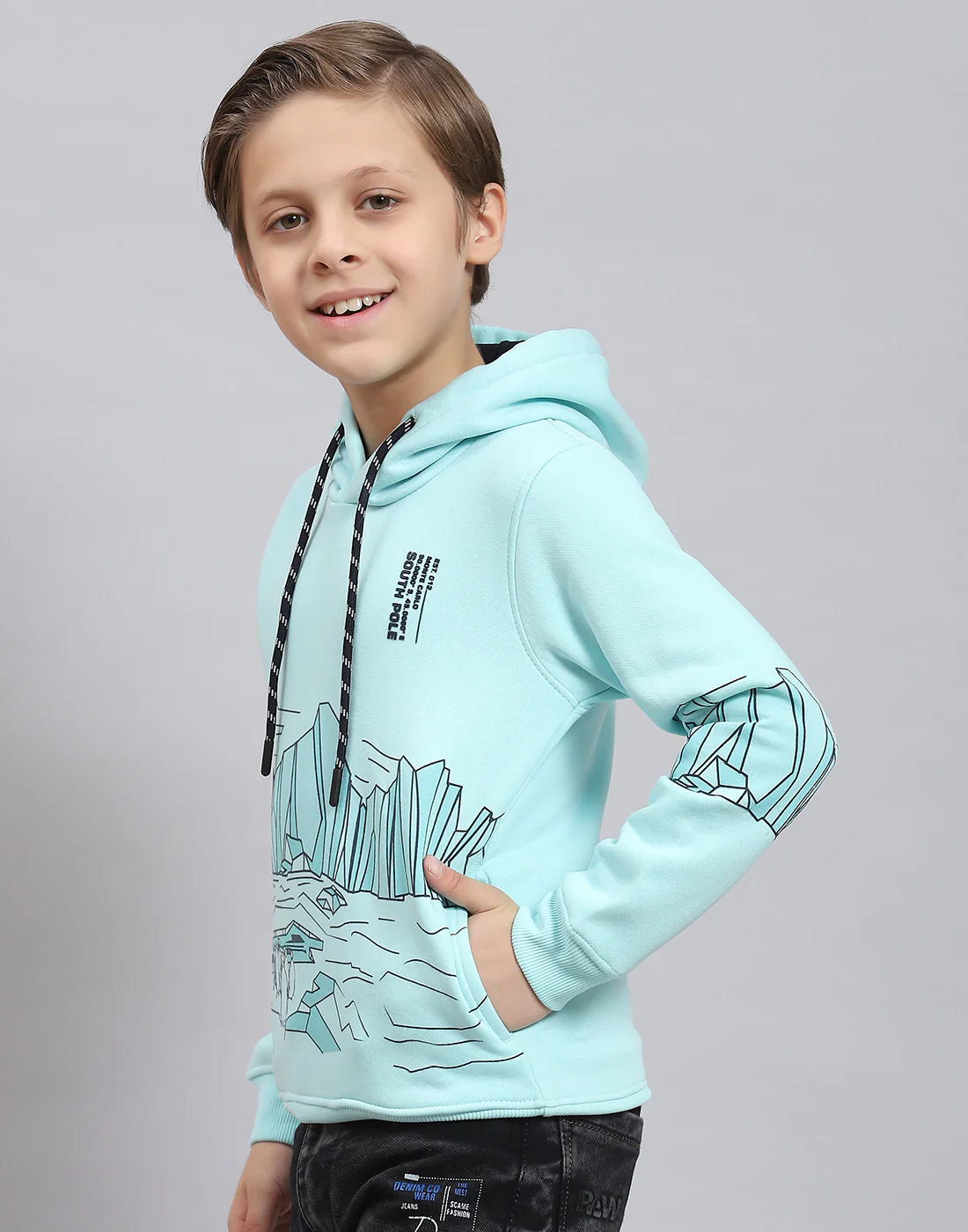 Boys Aqua Blue Printed Hooded Full Sleeve Sweatshirt - Image 3