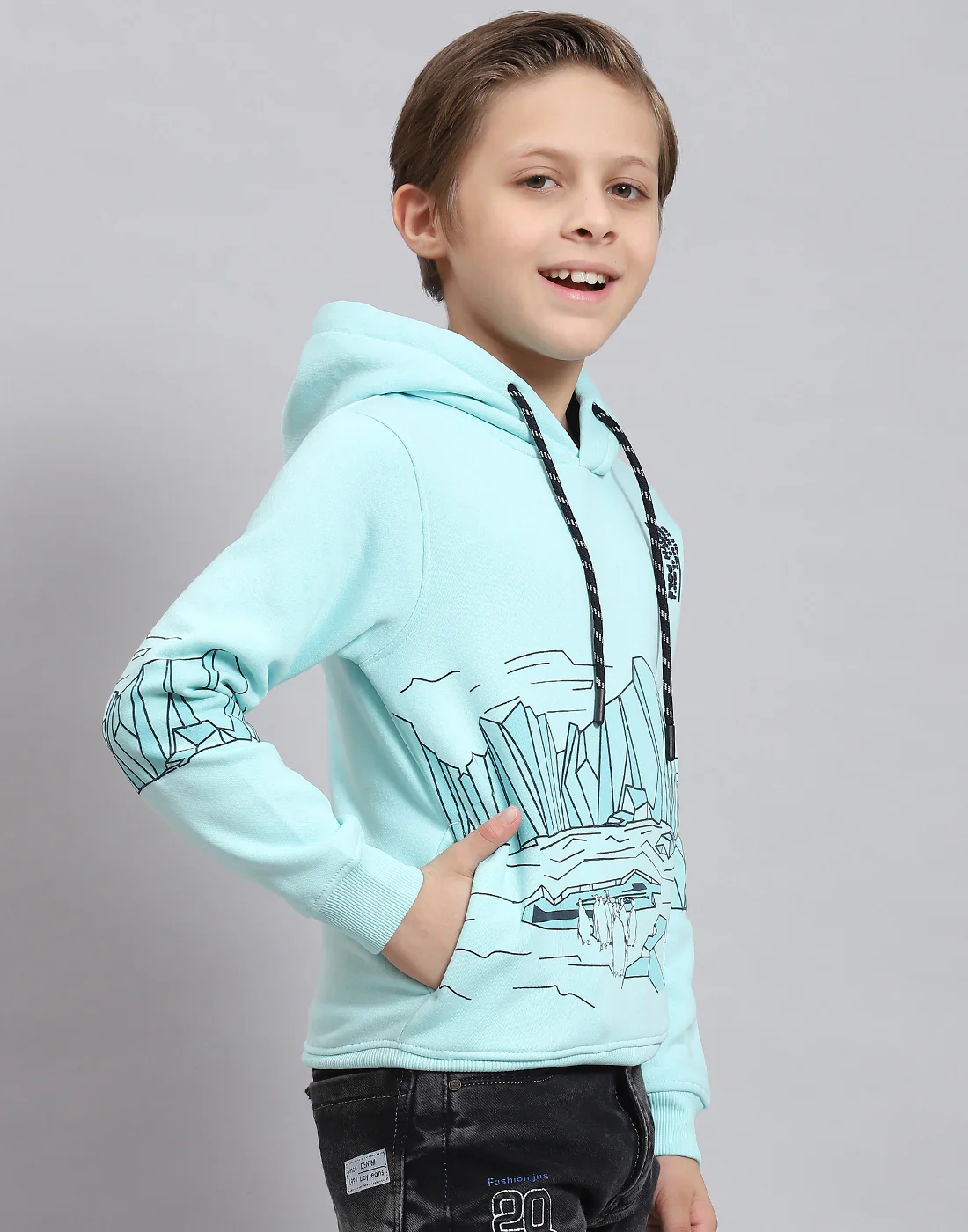 Boys Aqua Blue Printed Hooded Full Sleeve Sweatshirt - Image 4