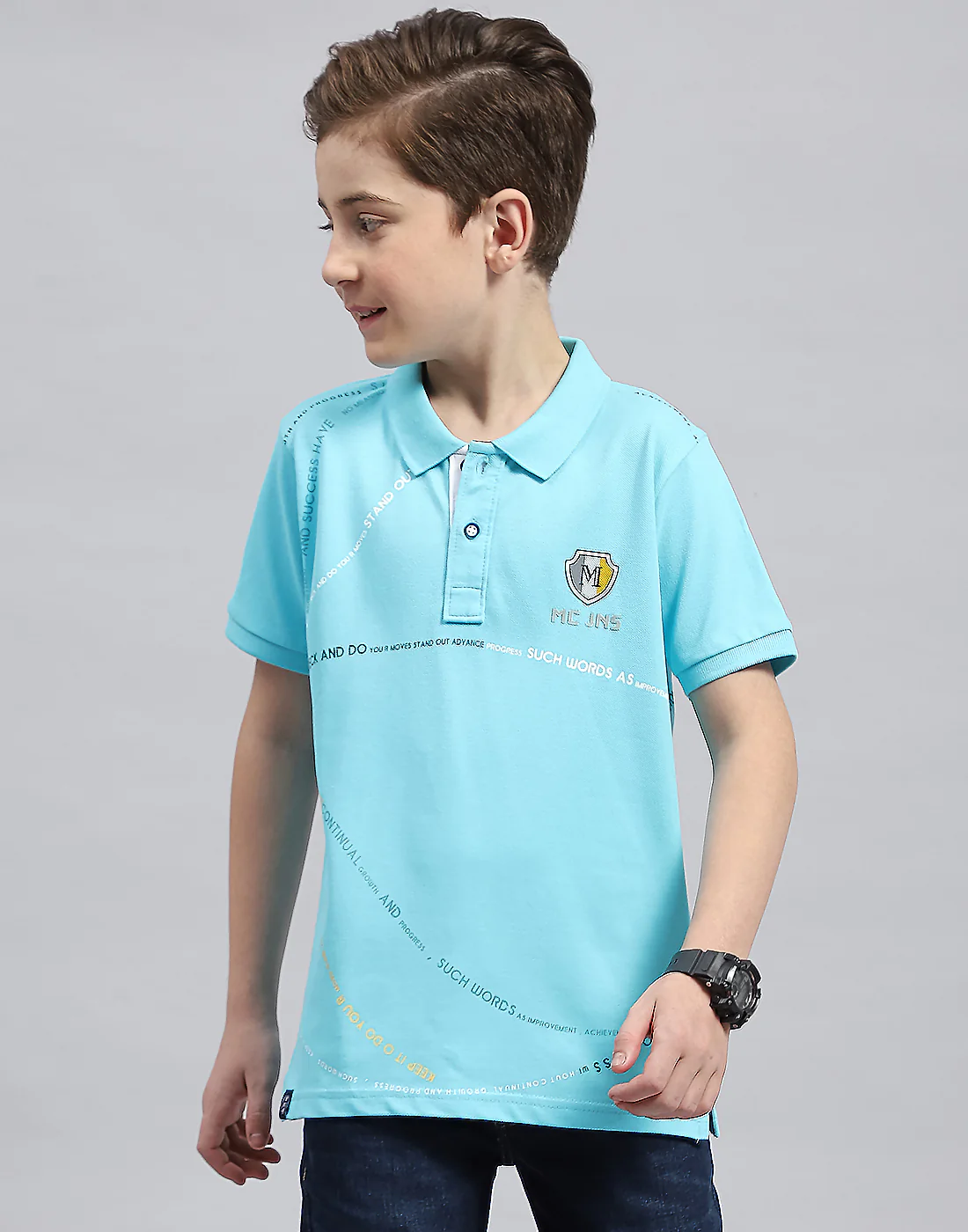 Boys Aqua Blue Printed Polo Collar Half Sleeve T-Shirt - Image 2