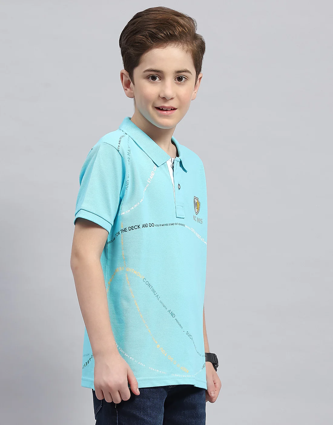 Boys Aqua Blue Printed Polo Collar Half Sleeve T-Shirt - Image 4