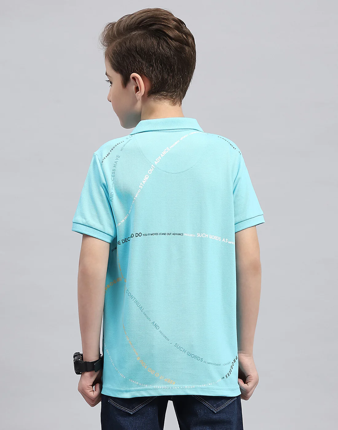 Boys Aqua Blue Printed Polo Collar Half Sleeve T-Shirt - Image 5