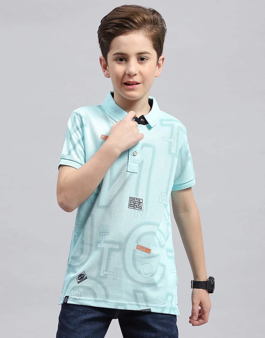 Boys Aqua Blue Printed Polo Collar Half Sleeve T-Shirt - Image 2