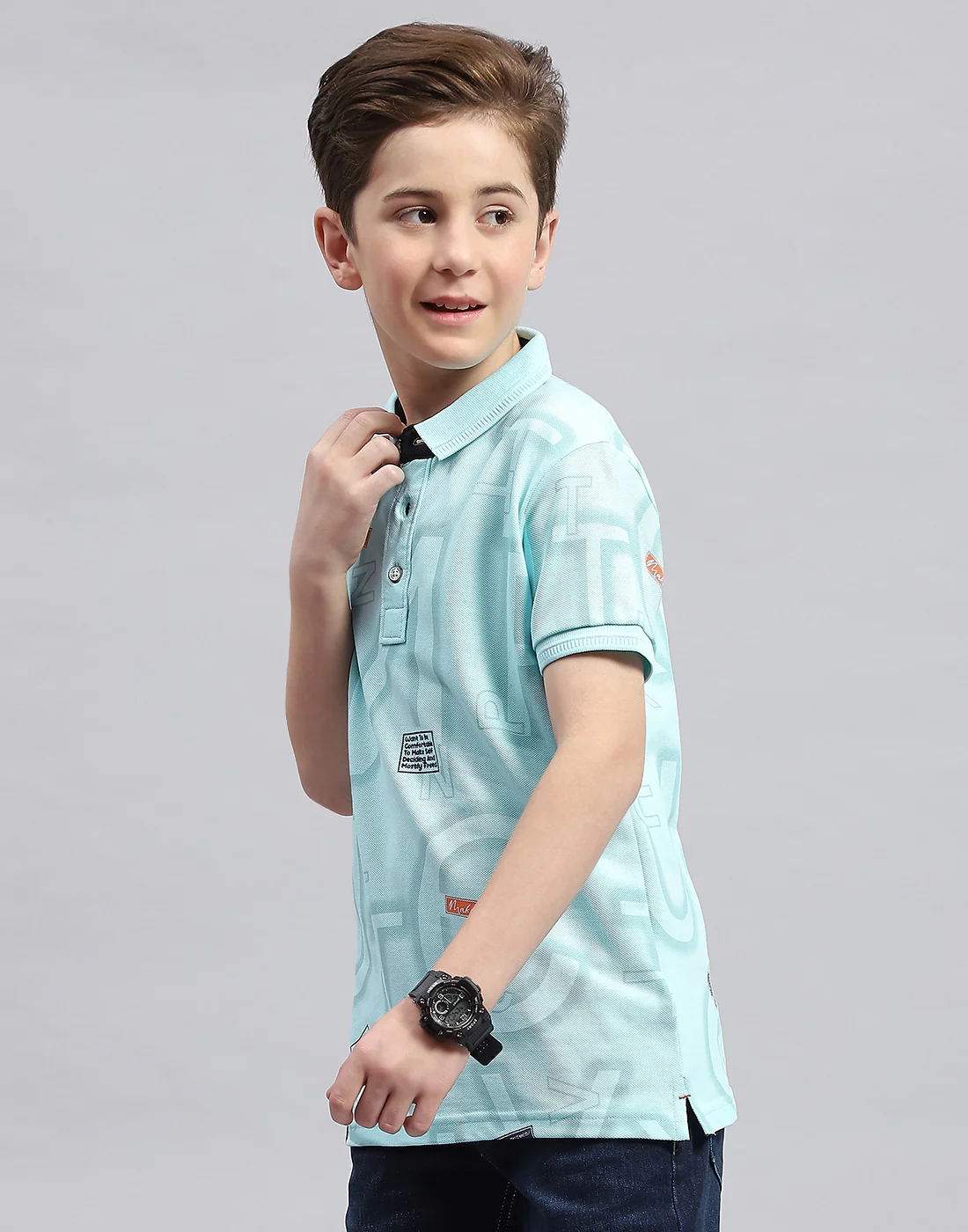 Boys Aqua Blue Printed Polo Collar Half Sleeve T-Shirt - Image 3