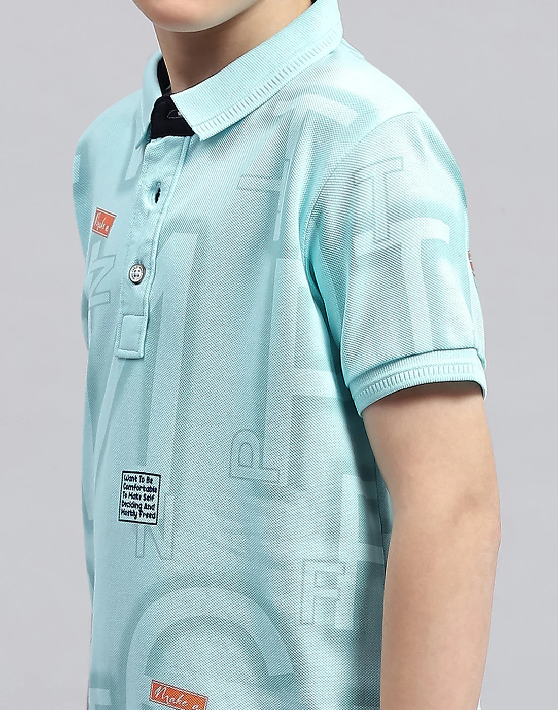 Boys Aqua Blue Printed Polo Collar Half Sleeve T-Shirt - Image 6