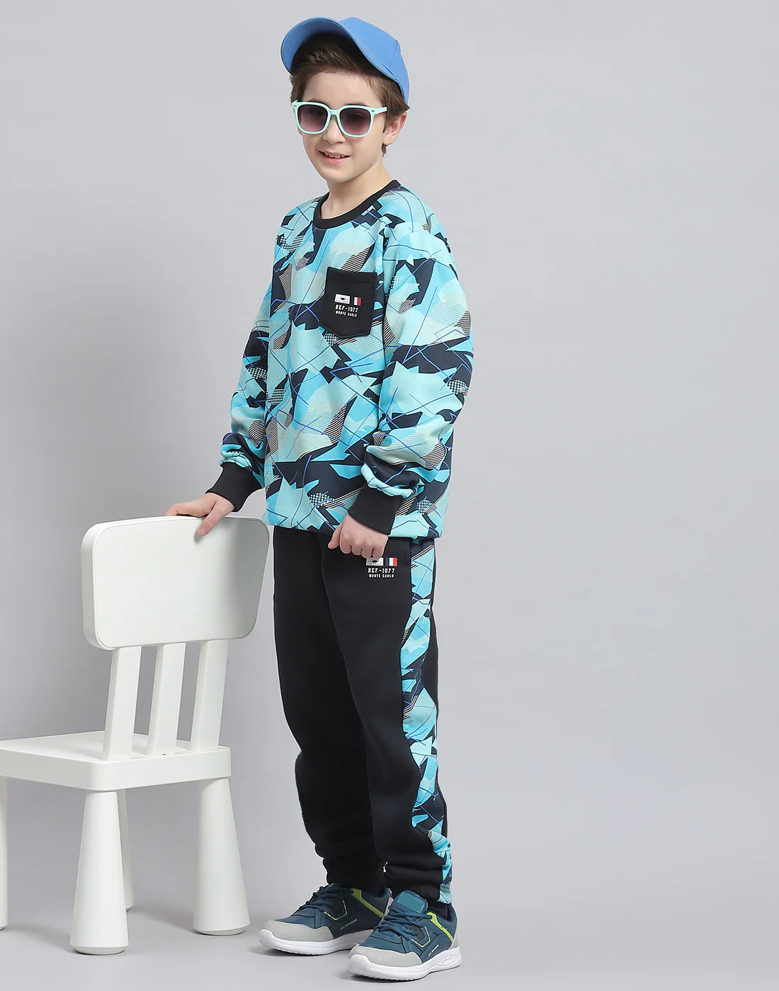 Boys Aqua Blue Printed Round Neck Full Sleeve Tracksuit