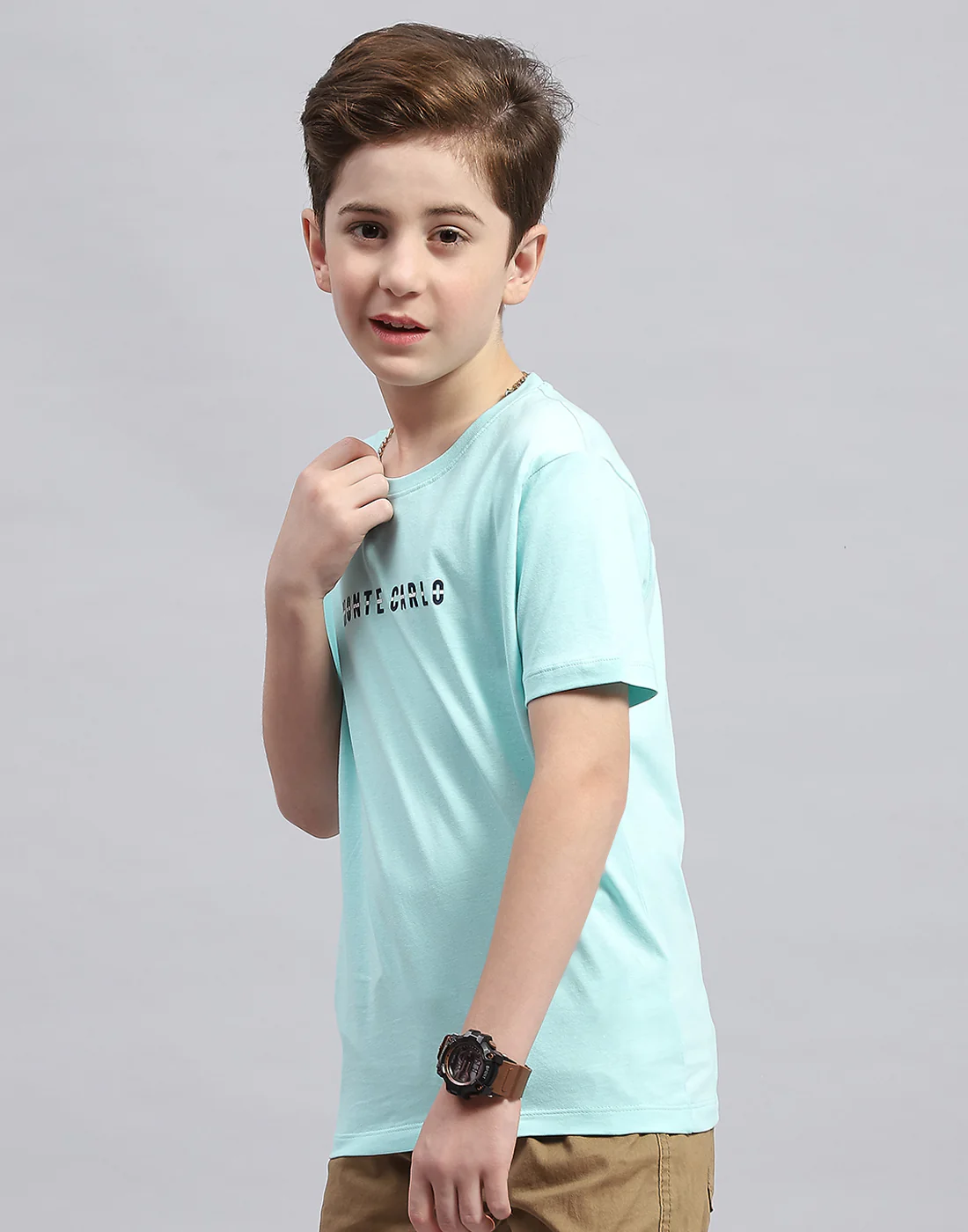 Boys Aqua Blue Printed Round Neck Half Sleeve T-Shirt - Image 3