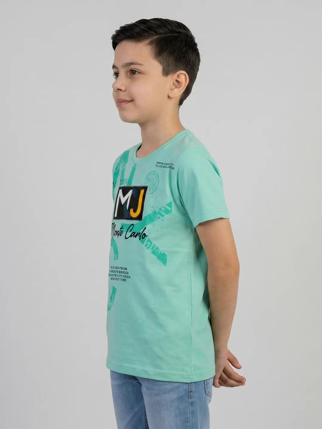 Boys Aqua Green Printed Round Neck Half Sleeve T-Shirt - Image 3